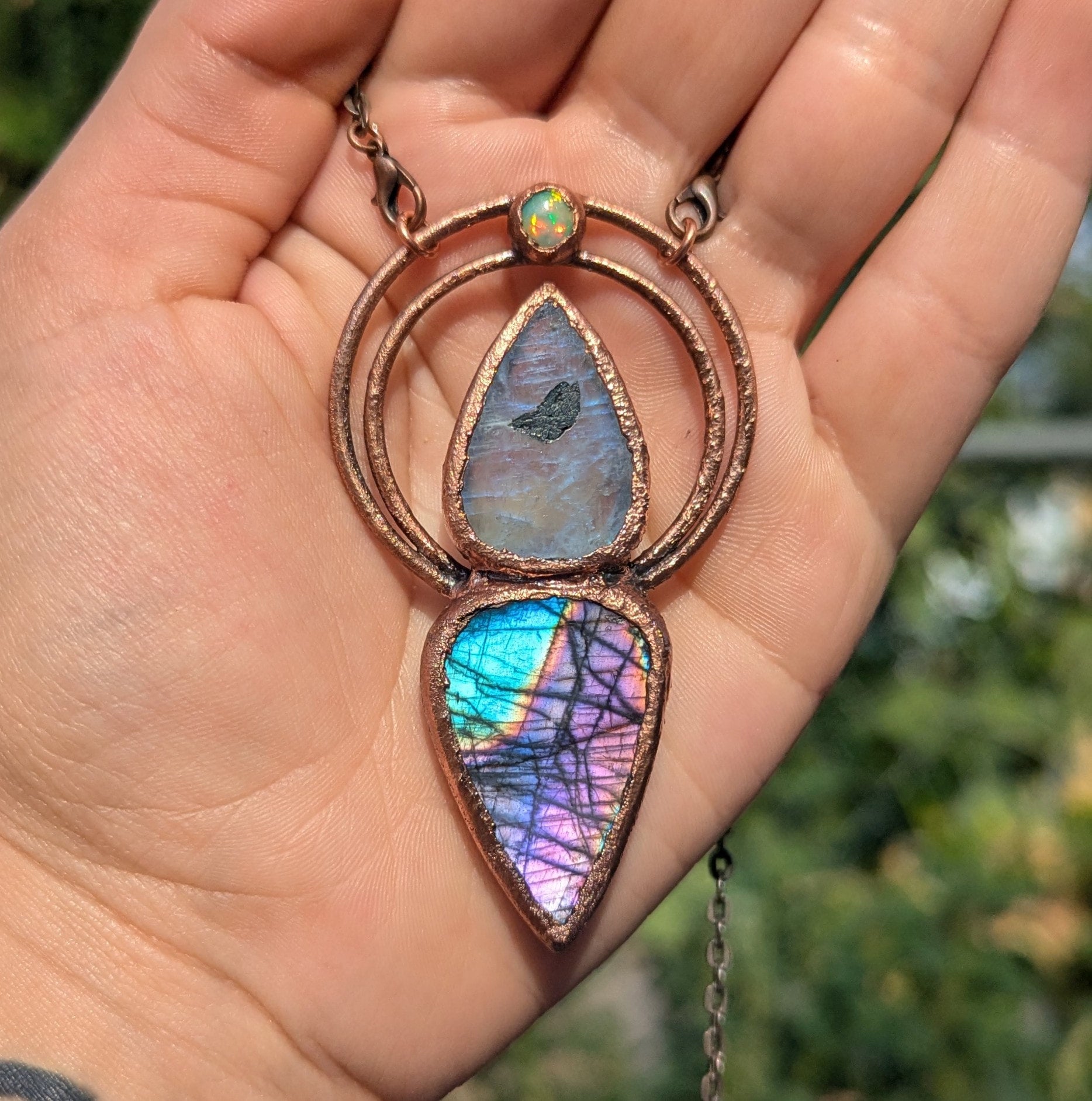 Buying Triangular Labradorite Copper Electroformed Pendant